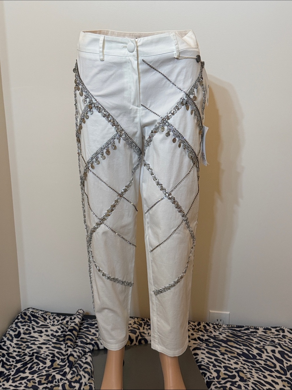 XS Milano White Embellished Women's Pants with Silver Chain Detail and Rhineston